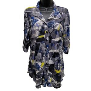 Style & Co Black/Gray/Yellow Geo Print Button Up 3/4 Sleeve Tab Blouse Size‎ S